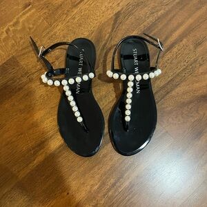 NEW Stuart Weitzman Goldie Jelly Thong Pearl Sandal Strap Black Size 5